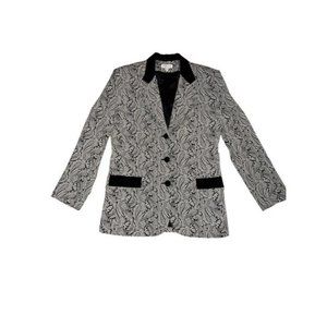 Talbots Petite Black White Paisley Blazer Jacket Size 4 Velvet Trim‎ Holiday